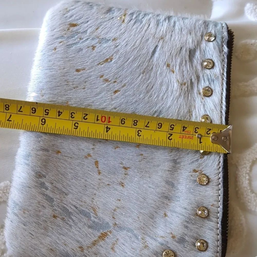 Patricia Nash Cassini White/Aqua Metallic Cow Hair Medium Clutch With Crystals - Picture 13 of 16